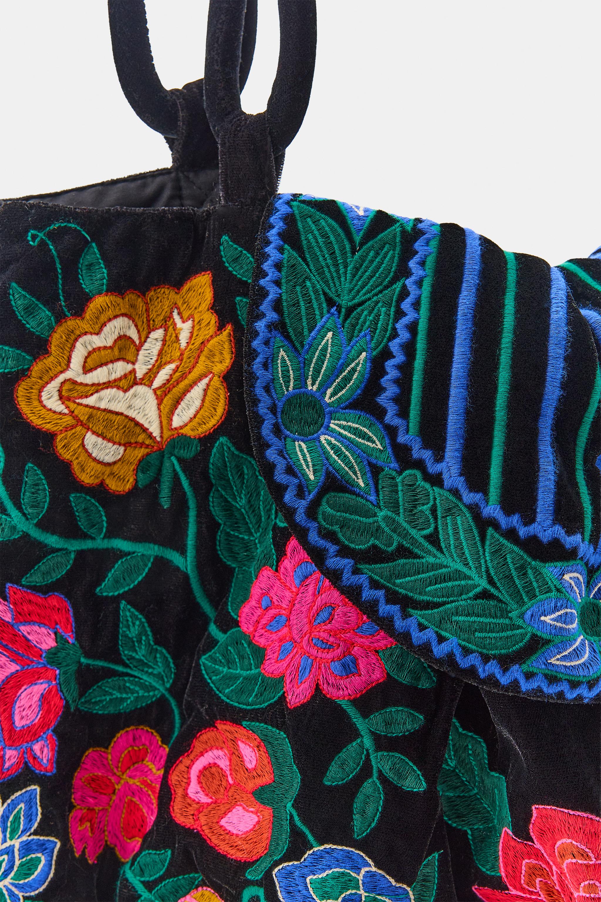 VELVET MAXI BAG WITH FLORAL EMBROIDERY